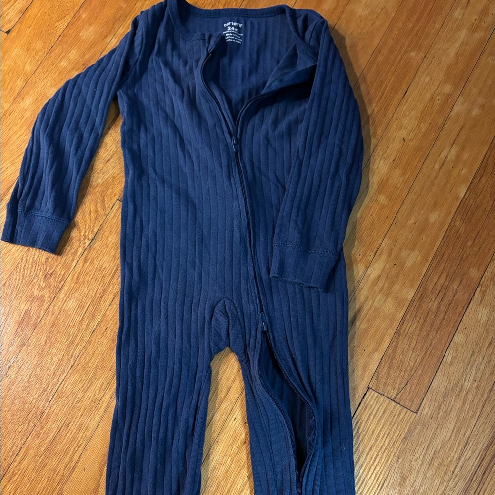 Carter's Dark Navy Ribbed Zip-Front Footed One-Piece